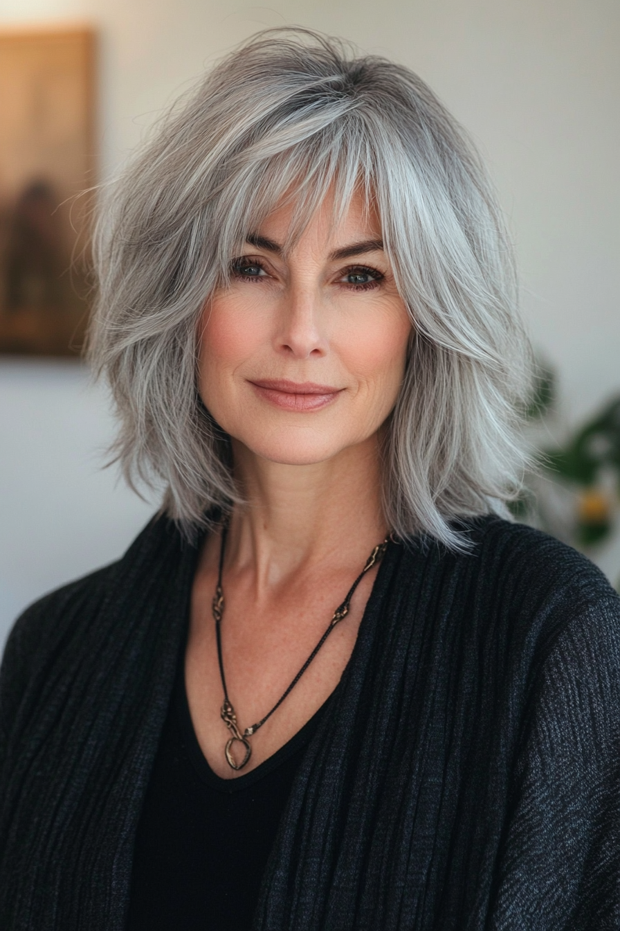 14. Shaggy Layered Bob in Natural Salt-and-Pepper (Layered Bob Haircuts For Women Over 50) - Layered Bob Haircuts For Women Over 50