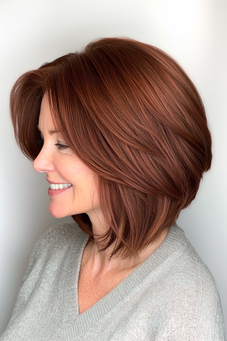 15. Rounded Bob with Face-Framing Layers in Deep Mahogany Brown (Layered Bob Haircuts For Women Over 50) - Layered Bob Haircuts For Women Over 50