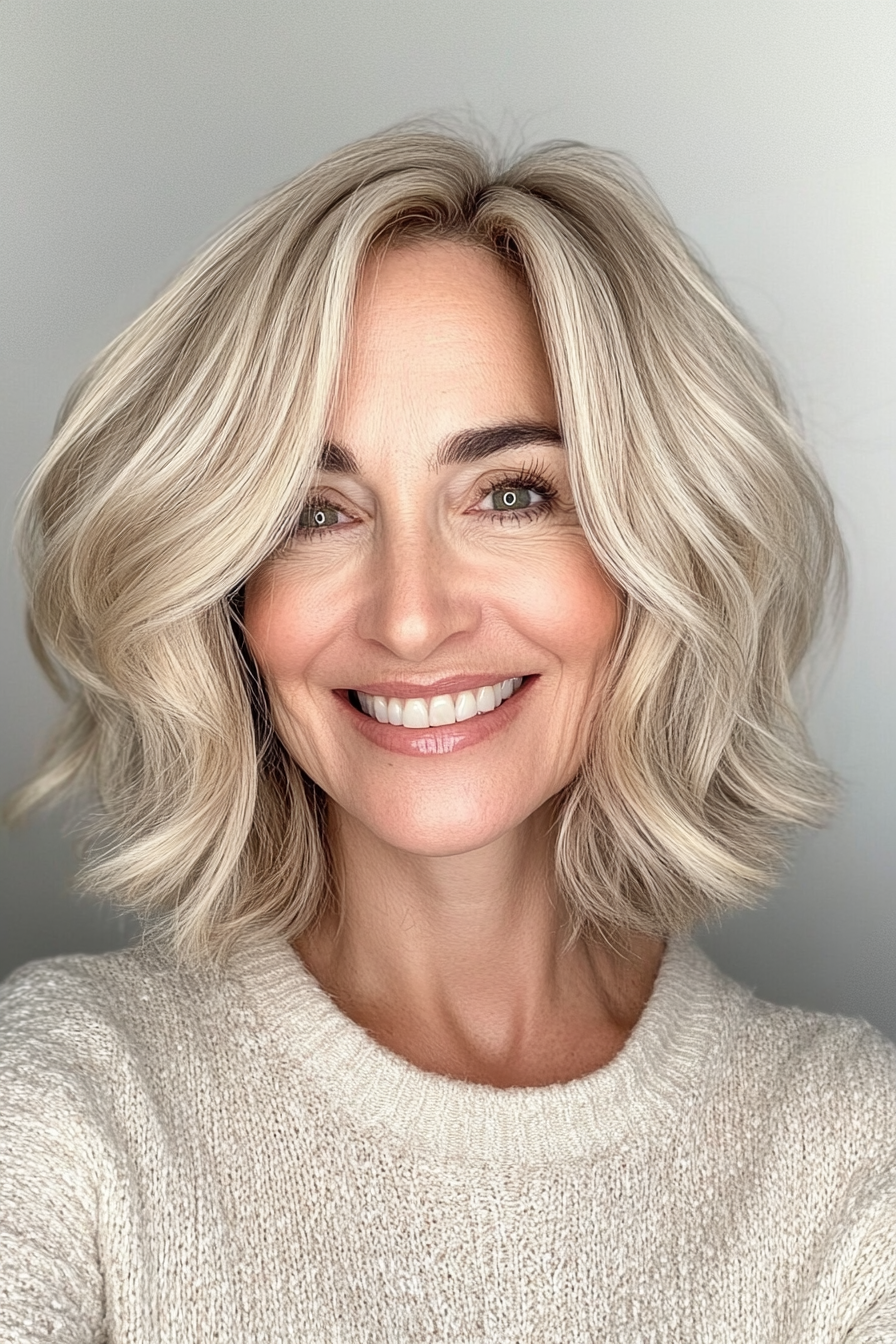 16. Softly Tousled Bob in Light Golden Blonde (Layered Bob Haircuts For Women Over 50) - Layered Bob Haircuts For Women Over 50