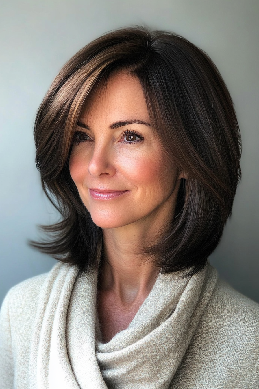 17. Side-Swept Bob in Dark Ash Brown (Layered Bob Haircuts For Women Over 50) - Layered Bob Haircuts For Women Over 50