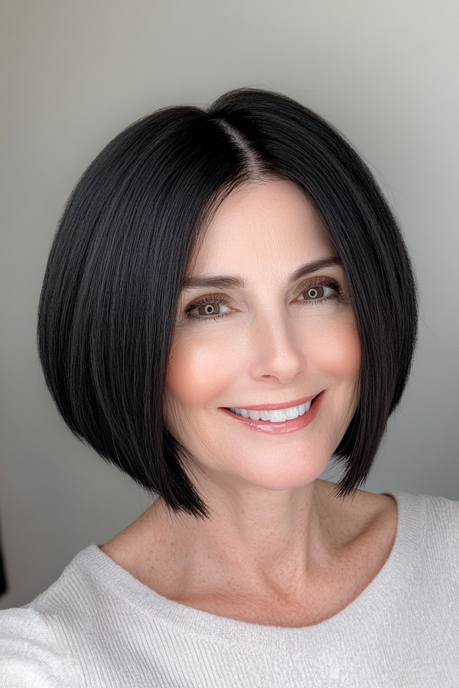 18. Sleek Bob with Understated Layers in Natural Jet Black (Layered Bob Haircuts For Women Over 50) - Layered Bob Haircuts For Women Over 50