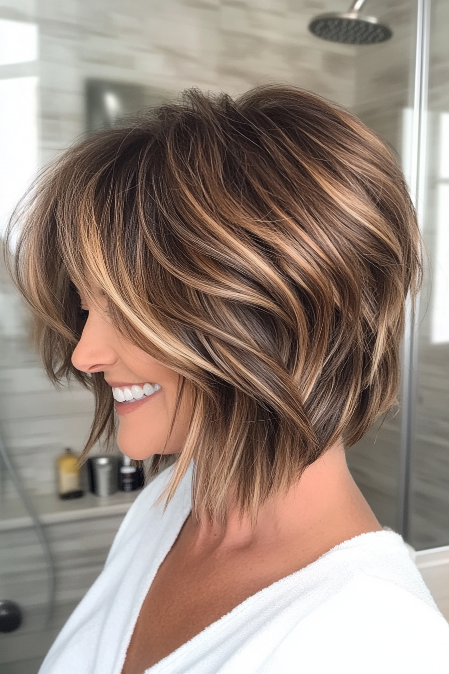 19. Tousled Bob with Sunkissed Brown Highlights (Layered Bob Haircuts For Women Over 50) - Layered Bob Haircuts For Women Over 50