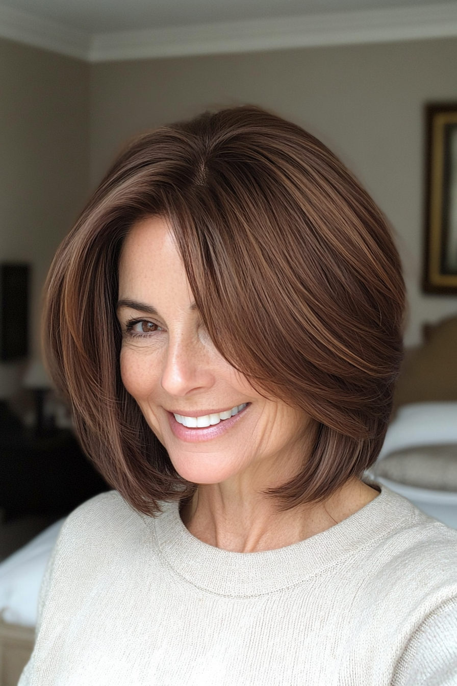 20. Neck-Length Bob in Warm Hazelnut Brown (Layered Bob Haircuts For Women Over 50) - Layered Bob Haircuts For Women Over 50