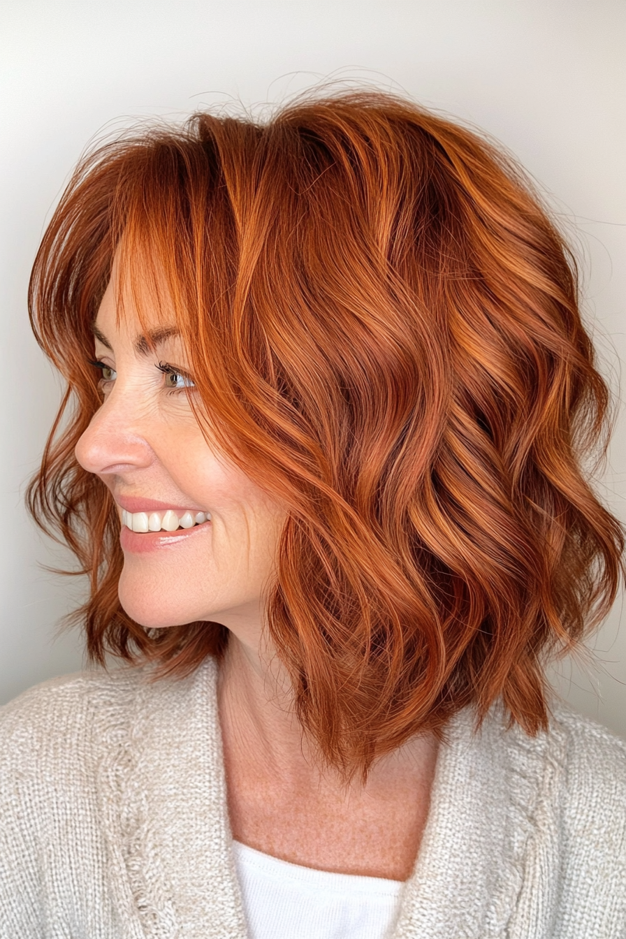 21. Wavy Layered Bob in Deep Copper Red (Layered Bob Haircuts For Women Over 50) - Layered Bob Haircuts For Women Over 50