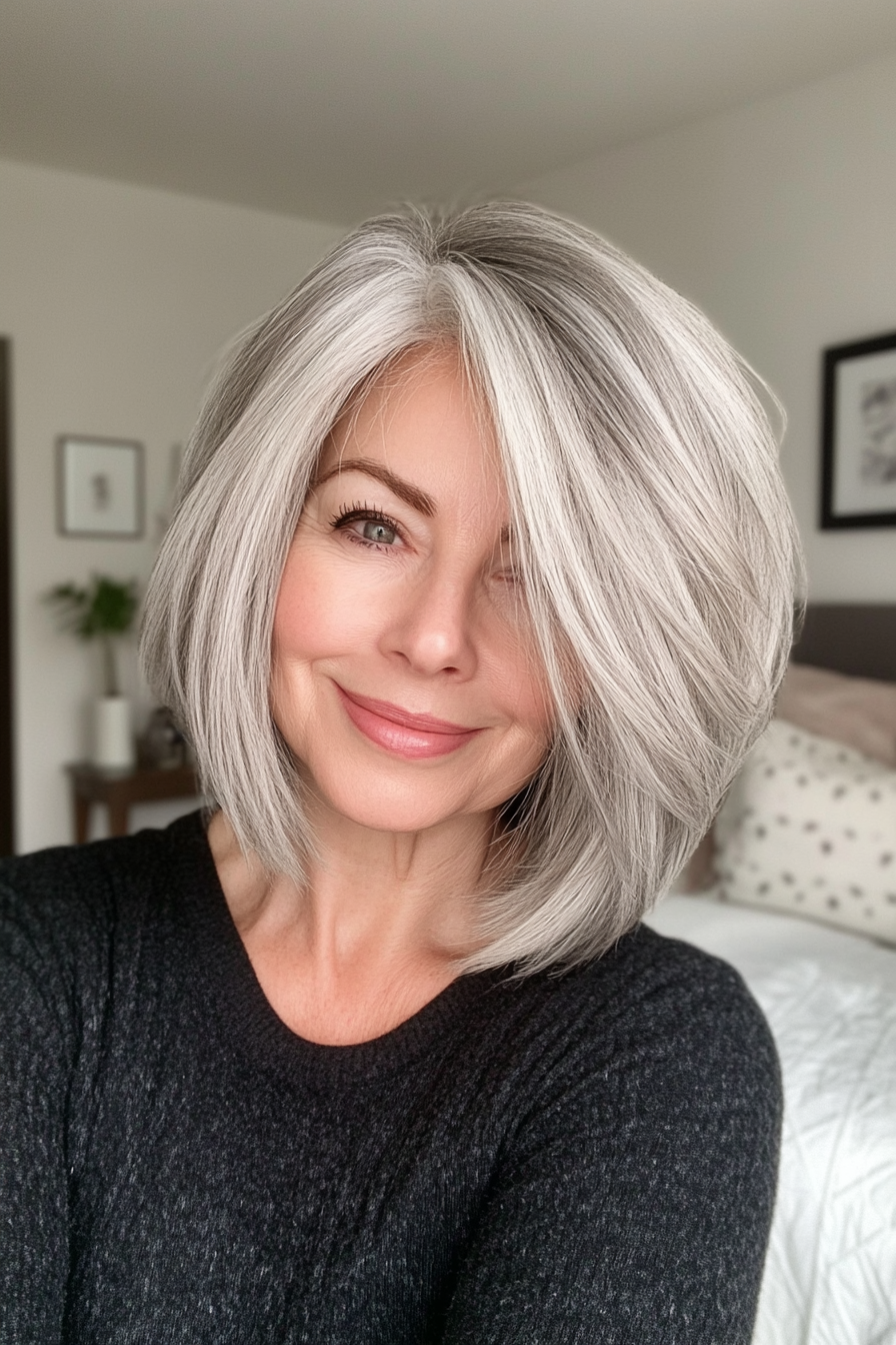22. Blended Layers Bob in Light Ash Gray (Layered Bob Haircuts For Women Over 50) - Layered Bob Haircuts For Women Over 50