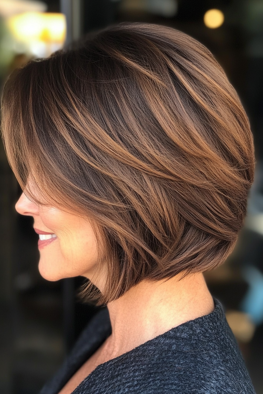 23. Sleek Angled Bob in Rich Walnut Brown (Layered Bob Haircuts For Women Over 50) - Layered Bob Haircuts For Women Over 50