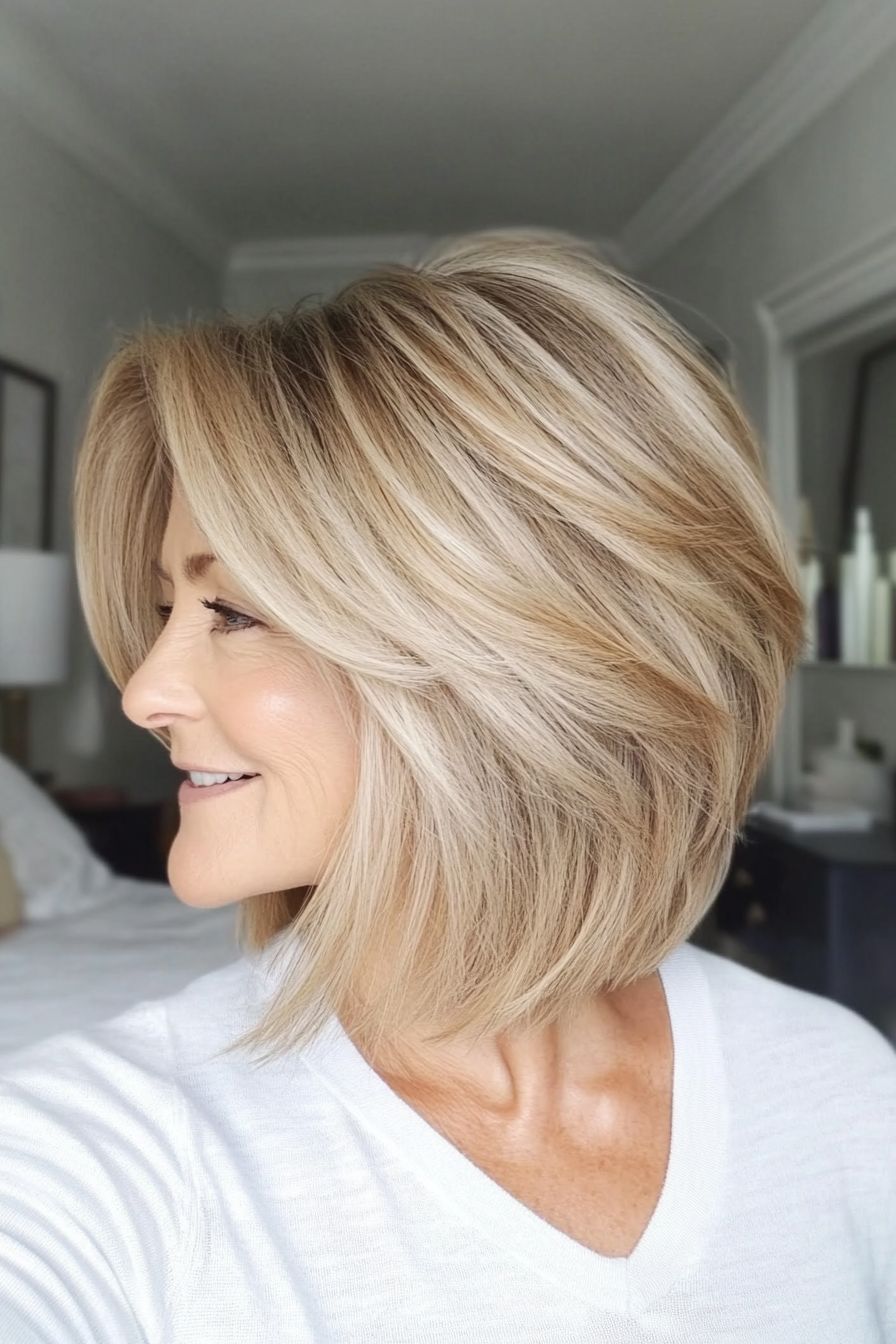 24. Softly Layered Bob in Natural Blonde with Lowlights (Layered Bob Haircuts For Women Over 50) - Layered Bob Haircuts For Women Over 50