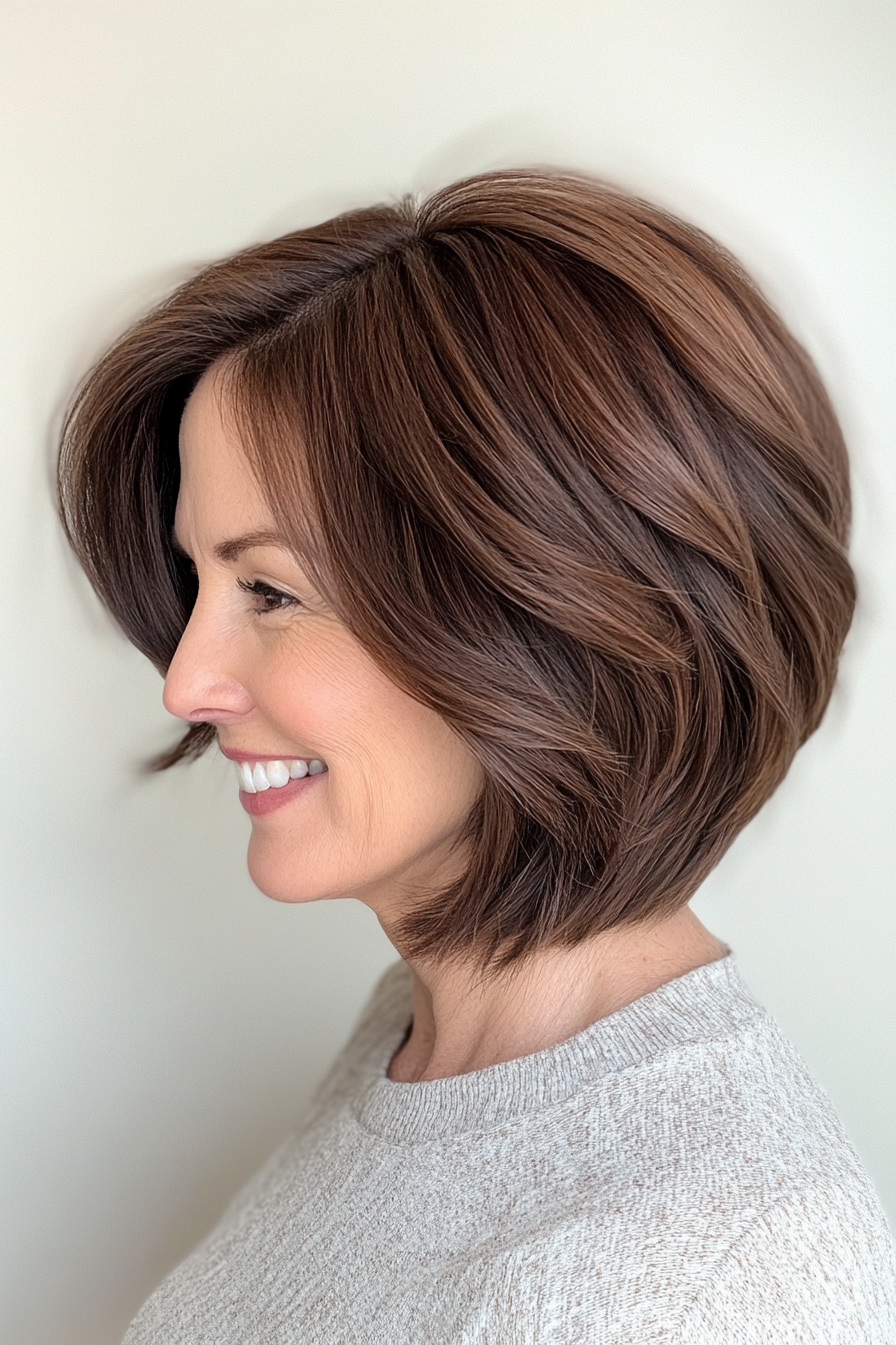 25. Voluminous Bob in Medium Chestnut Brown (Layered Bob Haircuts For Women Over 50) - Layered Bob Haircuts For Women Over 50