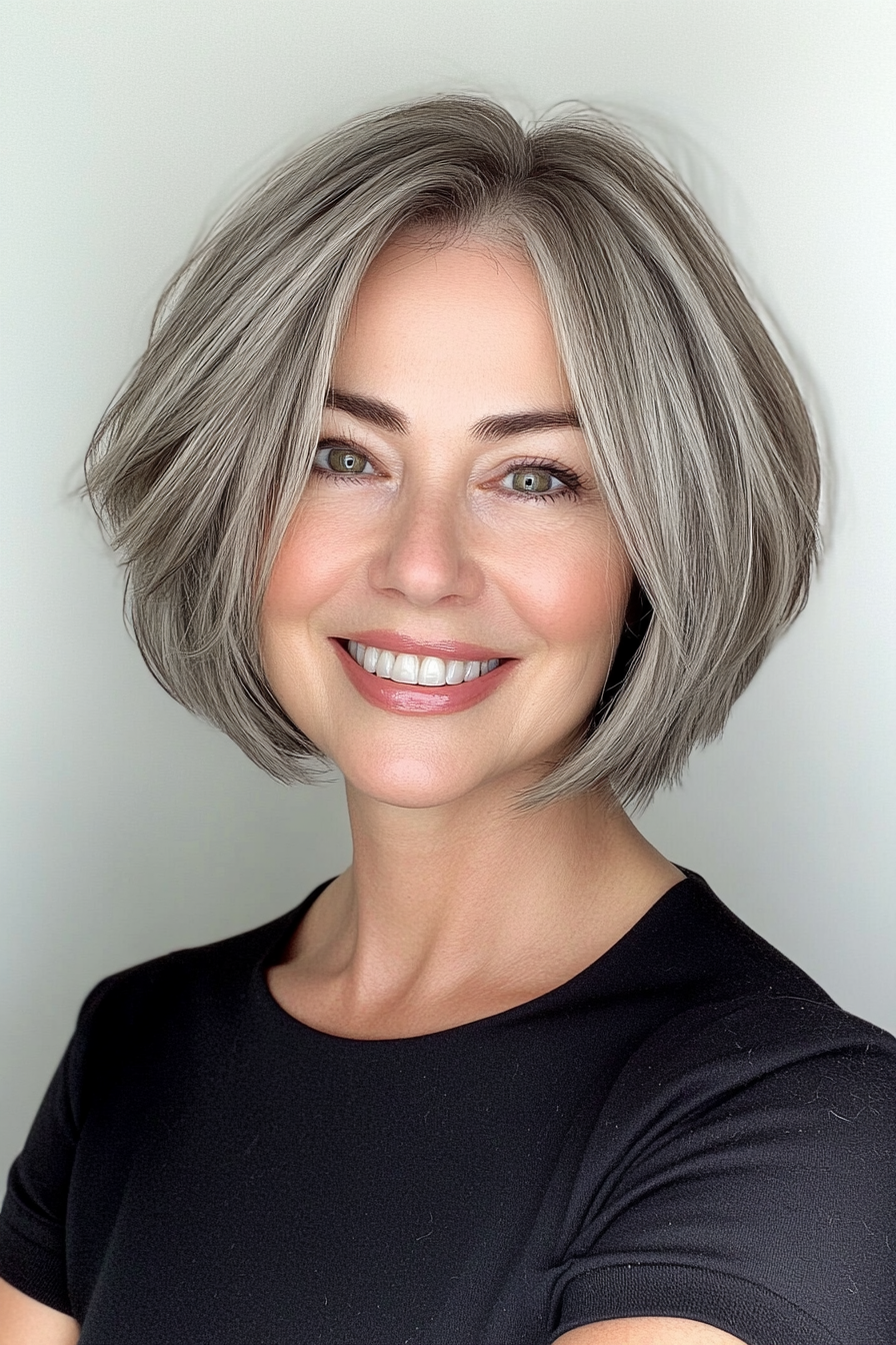 26. Short Layered Bob in Deep Charcoal Gray (Layered Bob Haircuts For Women Over 50) - Layered Bob Haircuts For Women Over 50