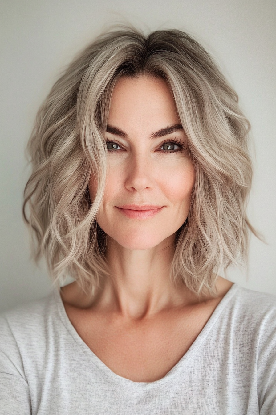 27. Messy Wavy Bob in Cool Ash Blonde (Layered Bob Haircuts For Women Over 50) - Layered Bob Haircuts For Women Over 50