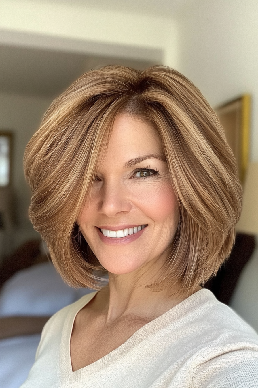 1. Feathered Bob in Warm Chestnut (Haircuts For Women Over 50 With Fine Hair) - Haircuts For Women Over 50 With Fine Hair