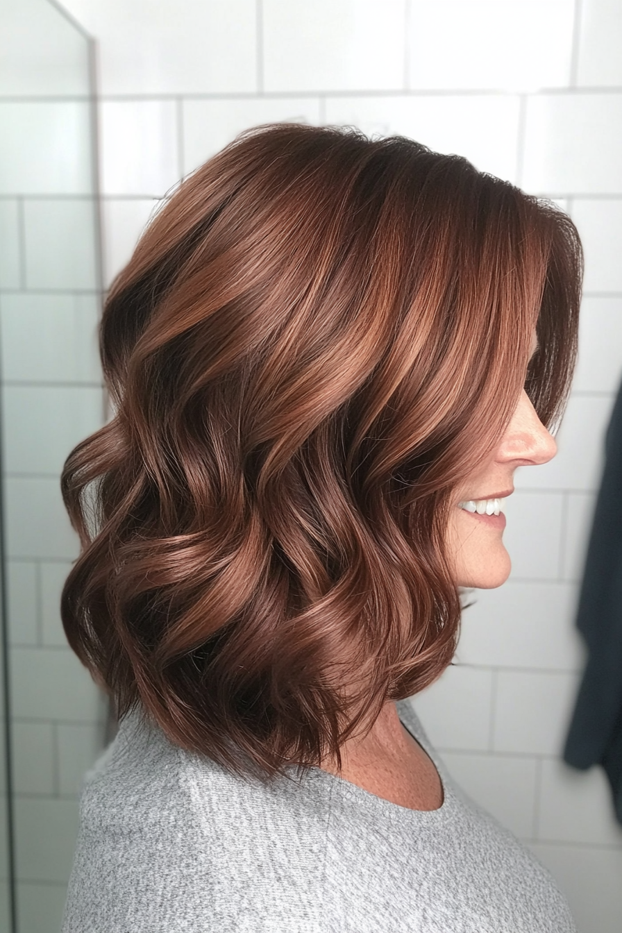 7. Wavy Lob in Dark Auburn (Haircuts For Women Over 50 With Fine Hair) - Haircuts For Women Over 50 With Fine Hair