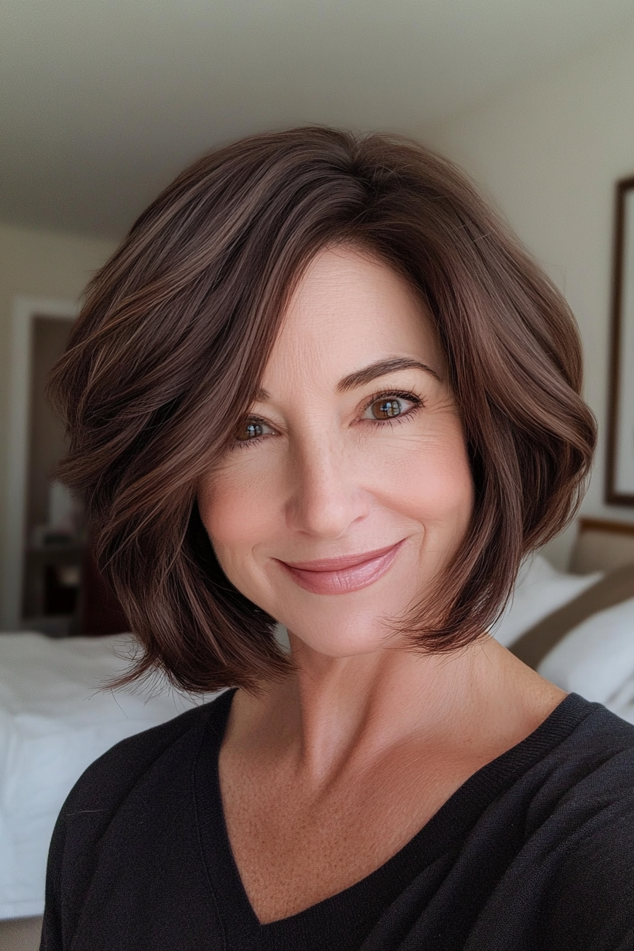 11. Soft Curved Bob in Dark Chocolate Brown (Haircuts For Women Over 50 With Fine Hair) - Haircuts For Women Over 50 With Fine Hair