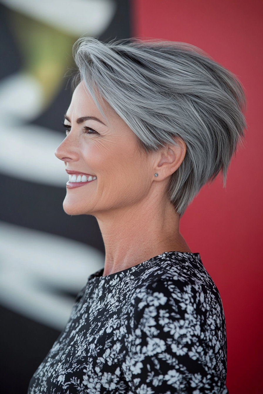 13. Side-Swept Short Cut in Natural Gray (Haircuts For Women Over 50 With Fine Hair) - Haircuts For Women Over 50 With Fine Hair