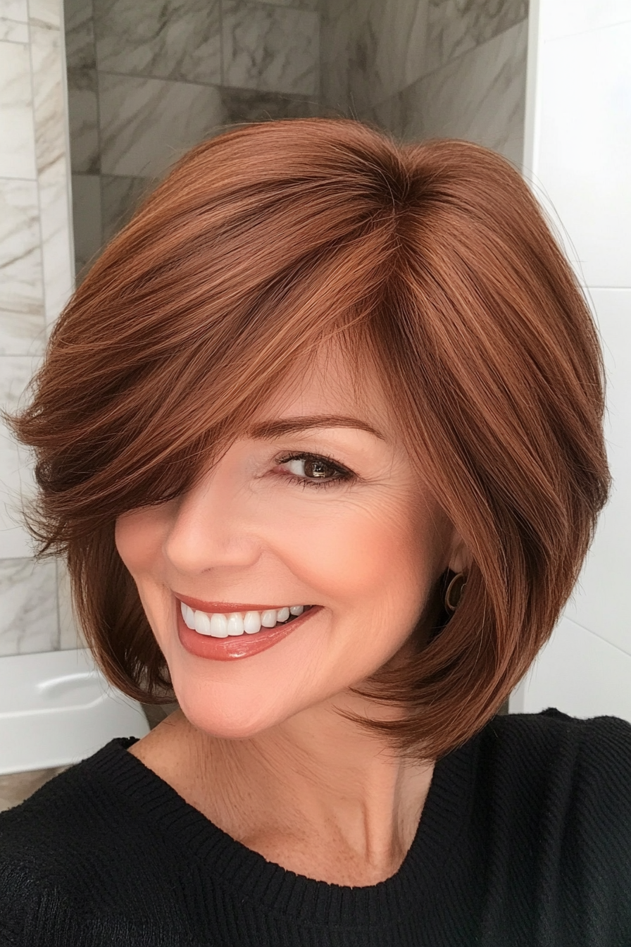 16. Short Layered Cut in Warm Cinnamon Brown (Haircuts For Women Over 50 With Fine Hair) - Haircuts For Women Over 50 With Fine Hair