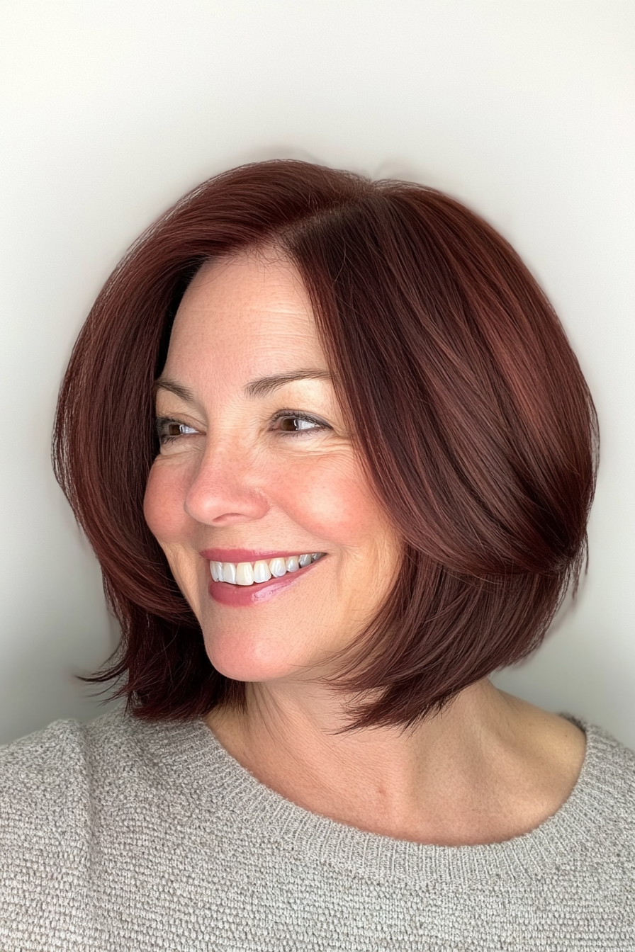 18. Rounded Bob in Deep Burgundy Brown (Haircuts For Women Over 50 With Fine Hair) - Haircuts For Women Over 50 With Fine Hair