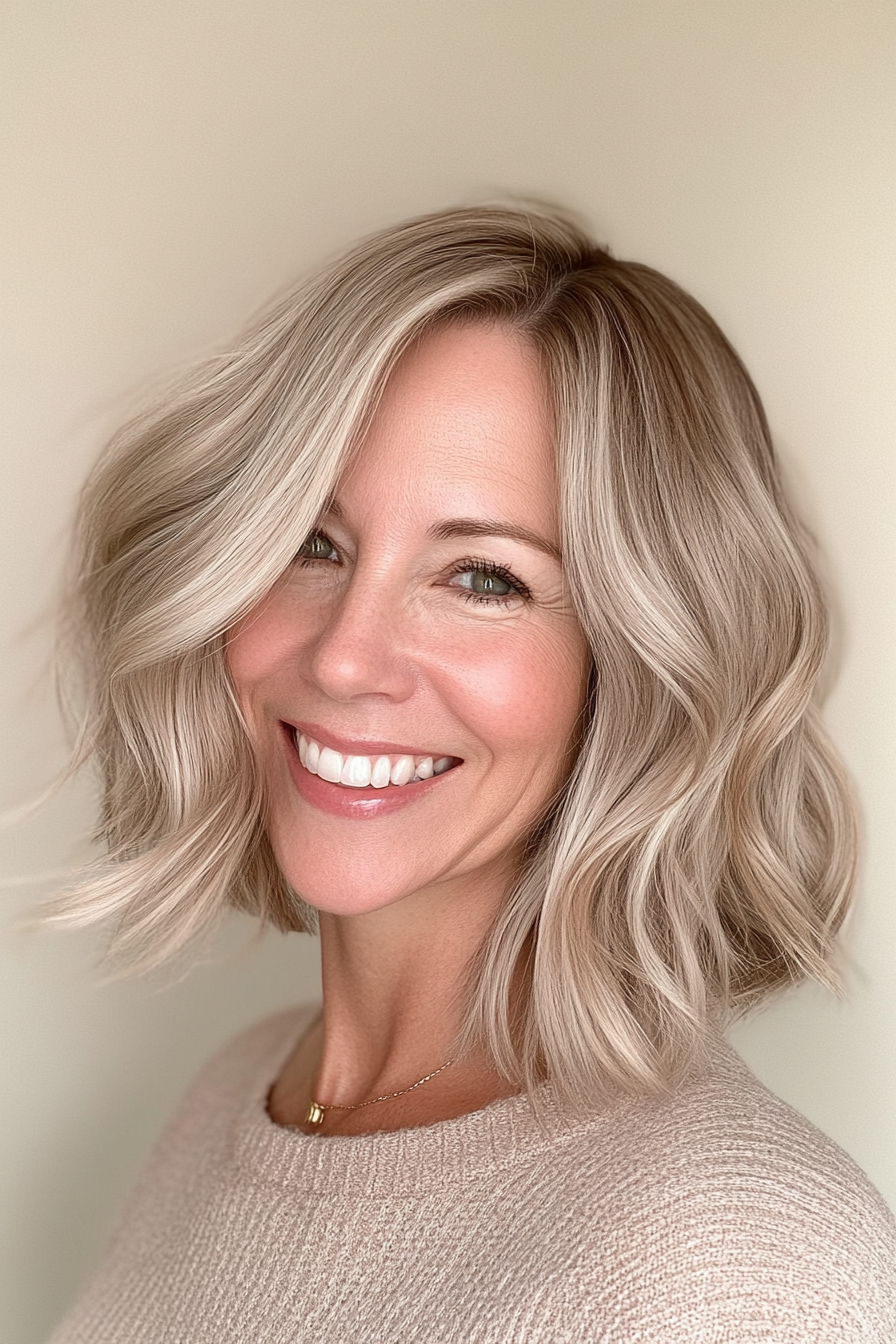 19. Tousled Lob in Beige Blonde (Haircuts For Women Over 50 With Fine Hair) - Haircuts For Women Over 50 With Fine Hair
