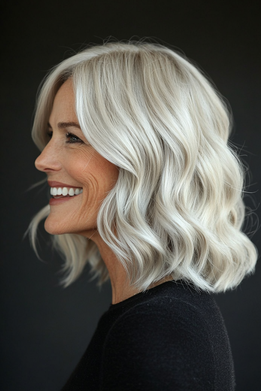 21. Wavy Shoulder-Length Cut in Cool Platinum (Haircuts For Women Over 50 With Fine Hair) - Haircuts For Women Over 50 With Fine Hair