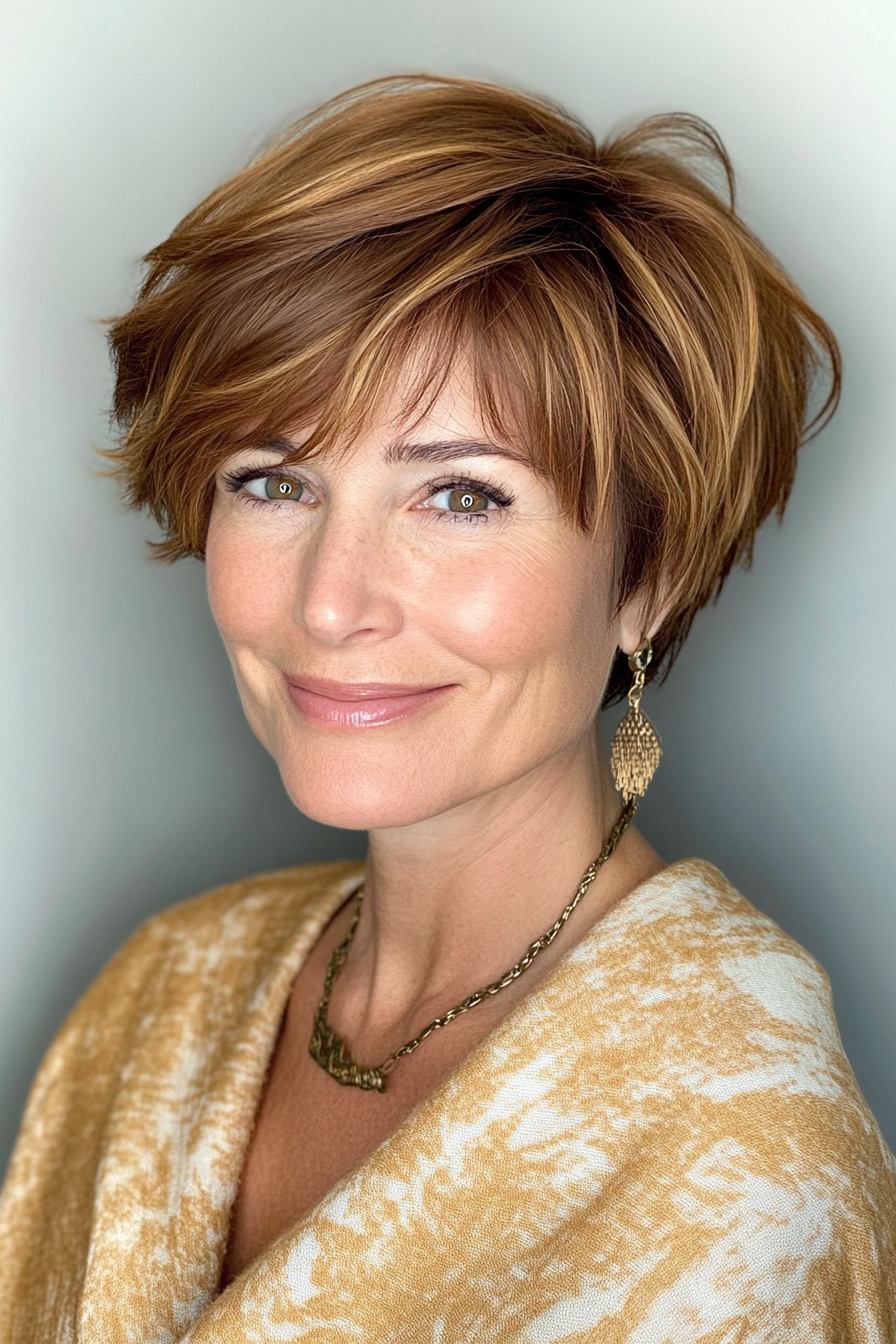 25. Layered Pixie in Golden Brown (Haircuts For Women Over 50 With Fine Hair) - Haircuts For Women Over 50 With Fine Hair