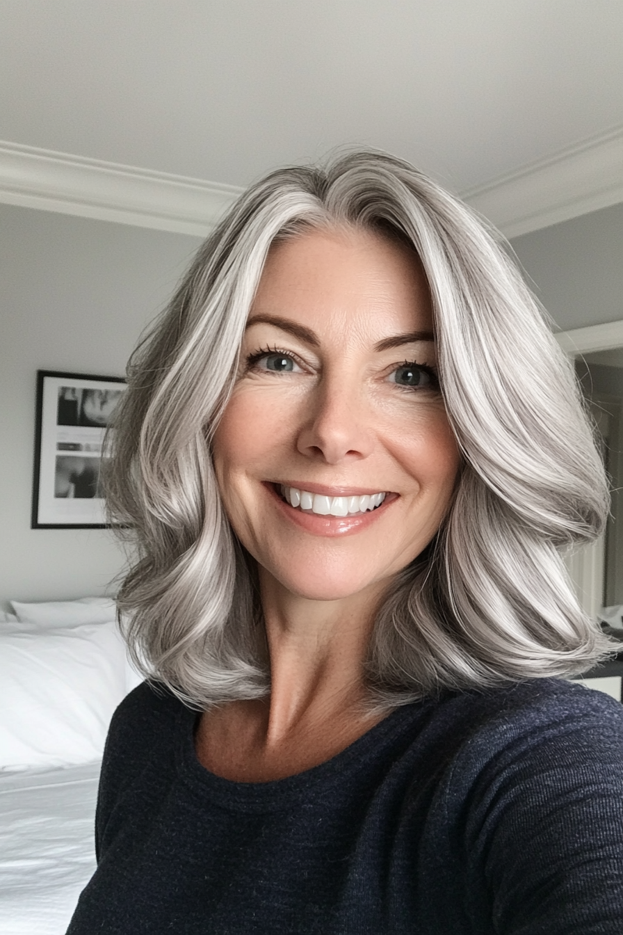 27. Curved Lob in Smoky Silver (Haircuts For Women Over 50 With Fine Hair) - Haircuts For Women Over 50 With Fine Hair