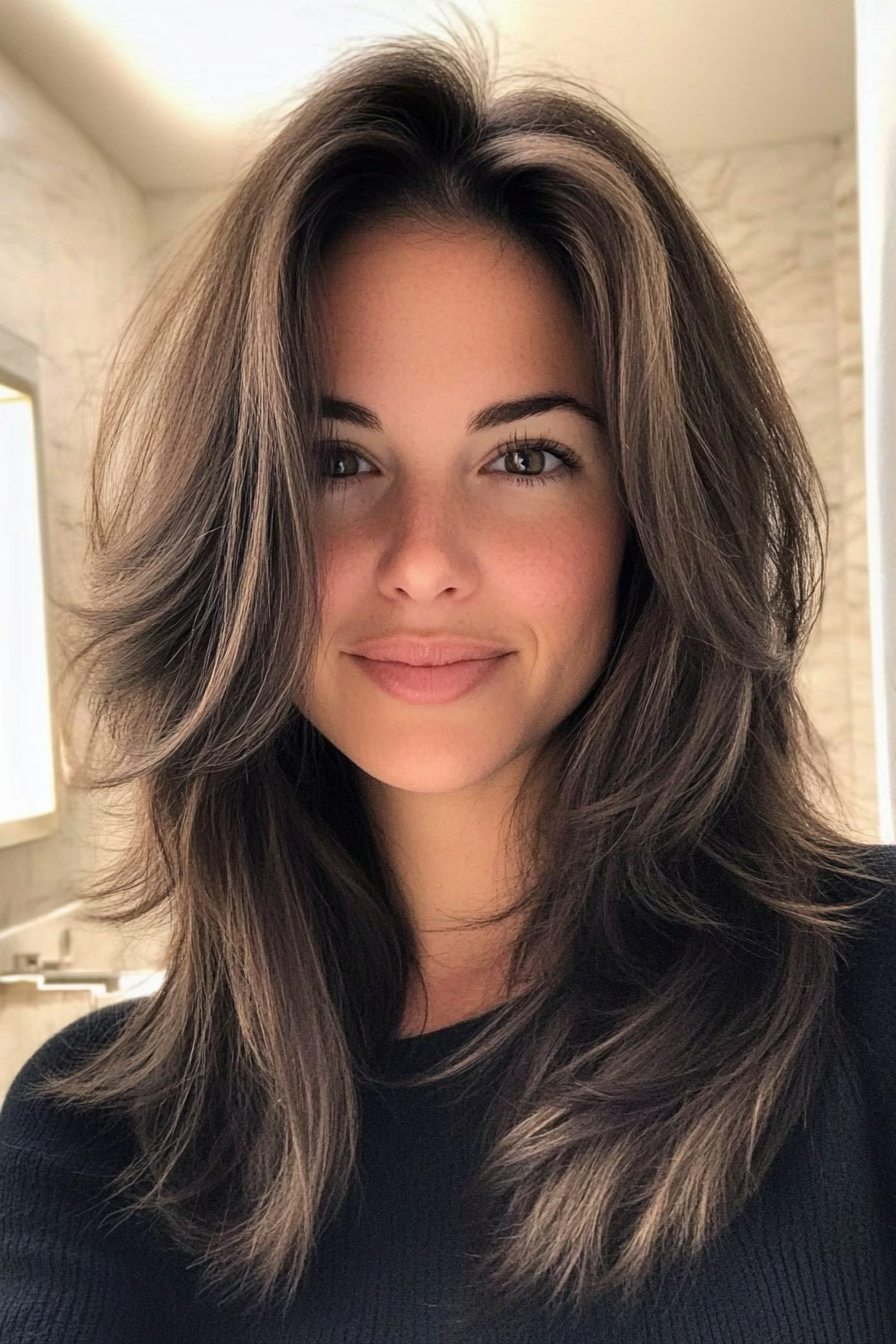 1. Softly Layered Shoulder-Length with Deep Brunette Tones (Hairstyles For Women Over 50 With Thick Hair) - Hairstyles For Women Over 50 With Thick Hair