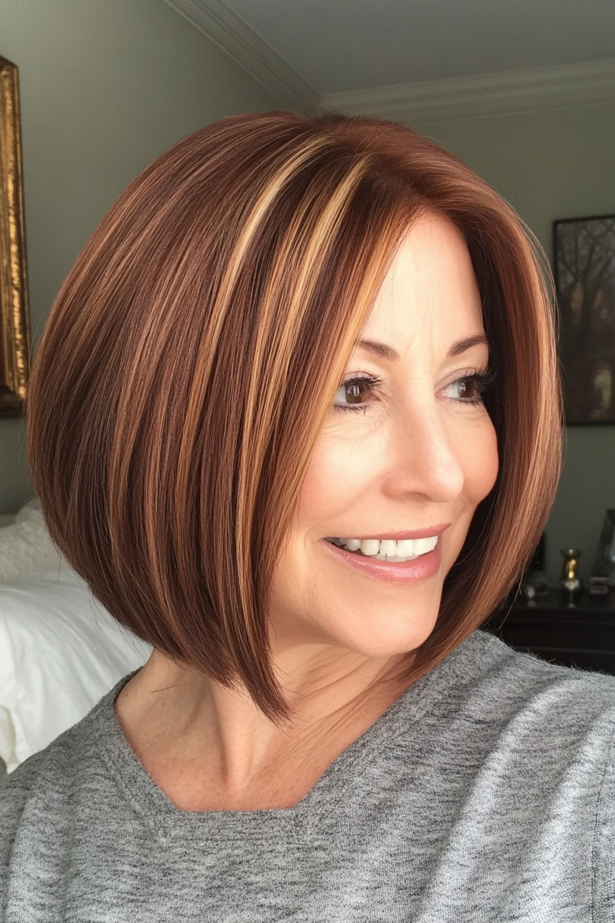 2. Classic Chin-Length Bob with Warm Chestnut Highlights (Hairstyles For Women Over 50 With Thick Hair) - Hairstyles For Women Over 50 With Thick Hair