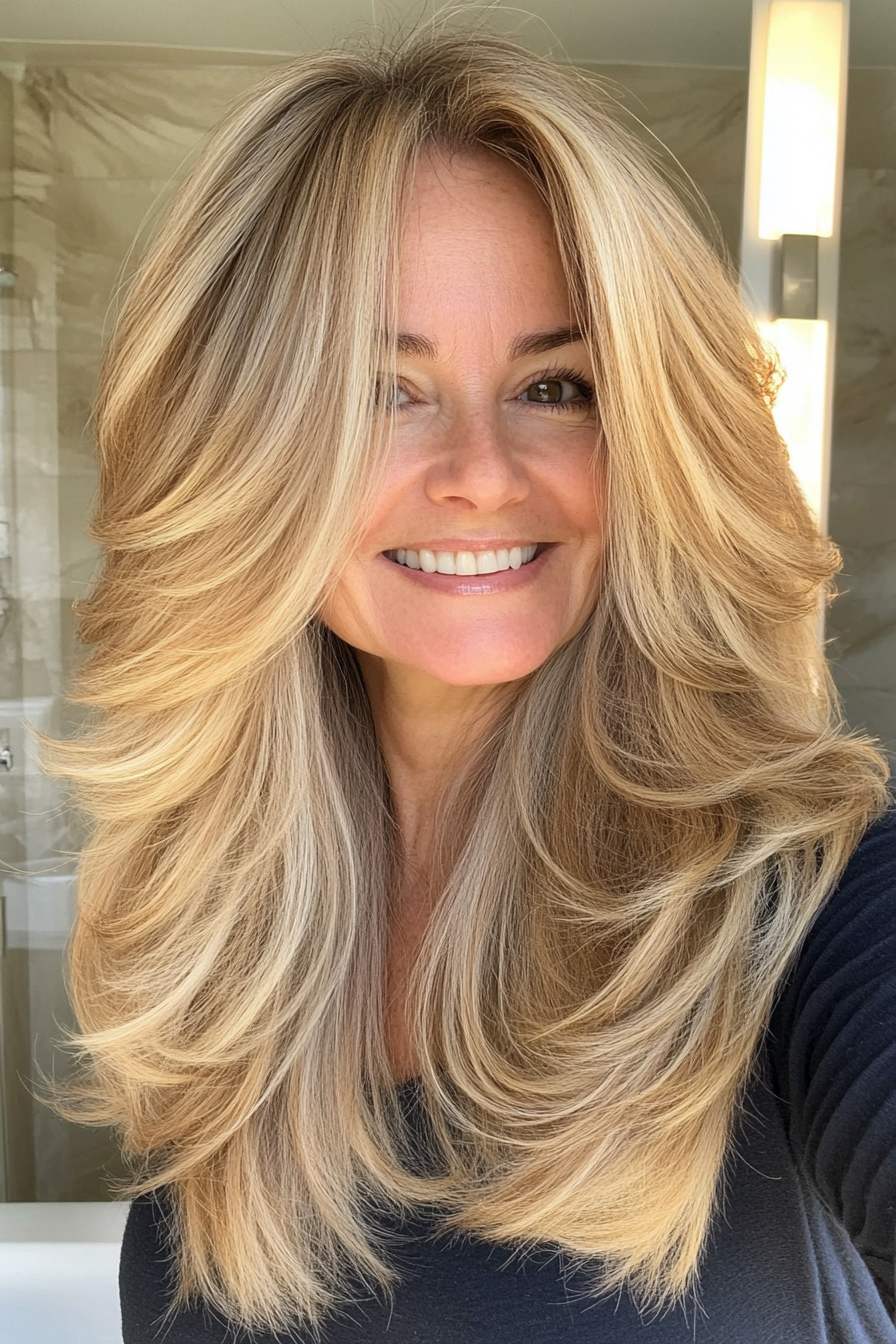 3. Elegant Long Shag with Golden Blonde Balayage (Hairstyles For Women Over 50 With Thick Hair) - Hairstyles For Women Over 50 With Thick Hair