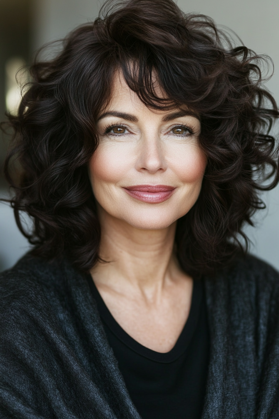 6. Voluminous Shoulder-Length Curls in Rich Espresso (Hairstyles For Women Over 50 With Thick Hair) - Hairstyles For Women Over 50 With Thick Hair