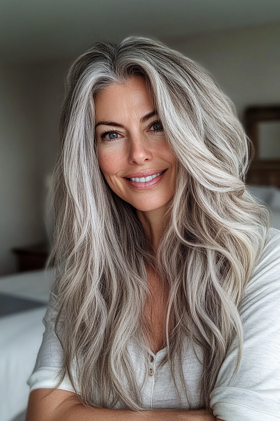 8. Long Textured Waves with Natural Gray Blend (Hairstyles For Women Over 50 With Thick Hair) - Hairstyles For Women Over 50 With Thick Hair