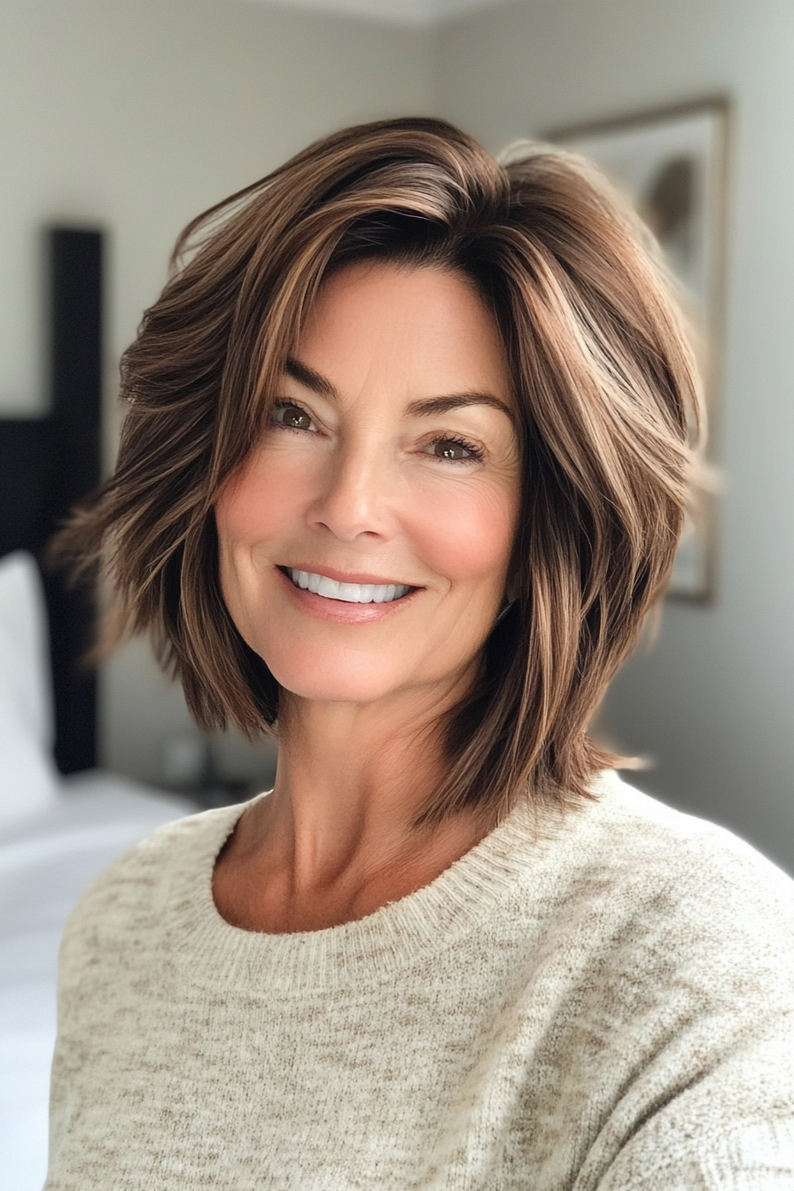9. Modern Layered Lob with Cool-Toned Brunette (Hairstyles For Women Over 50 With Thick Hair) - Hairstyles For Women Over 50 With Thick Hair
