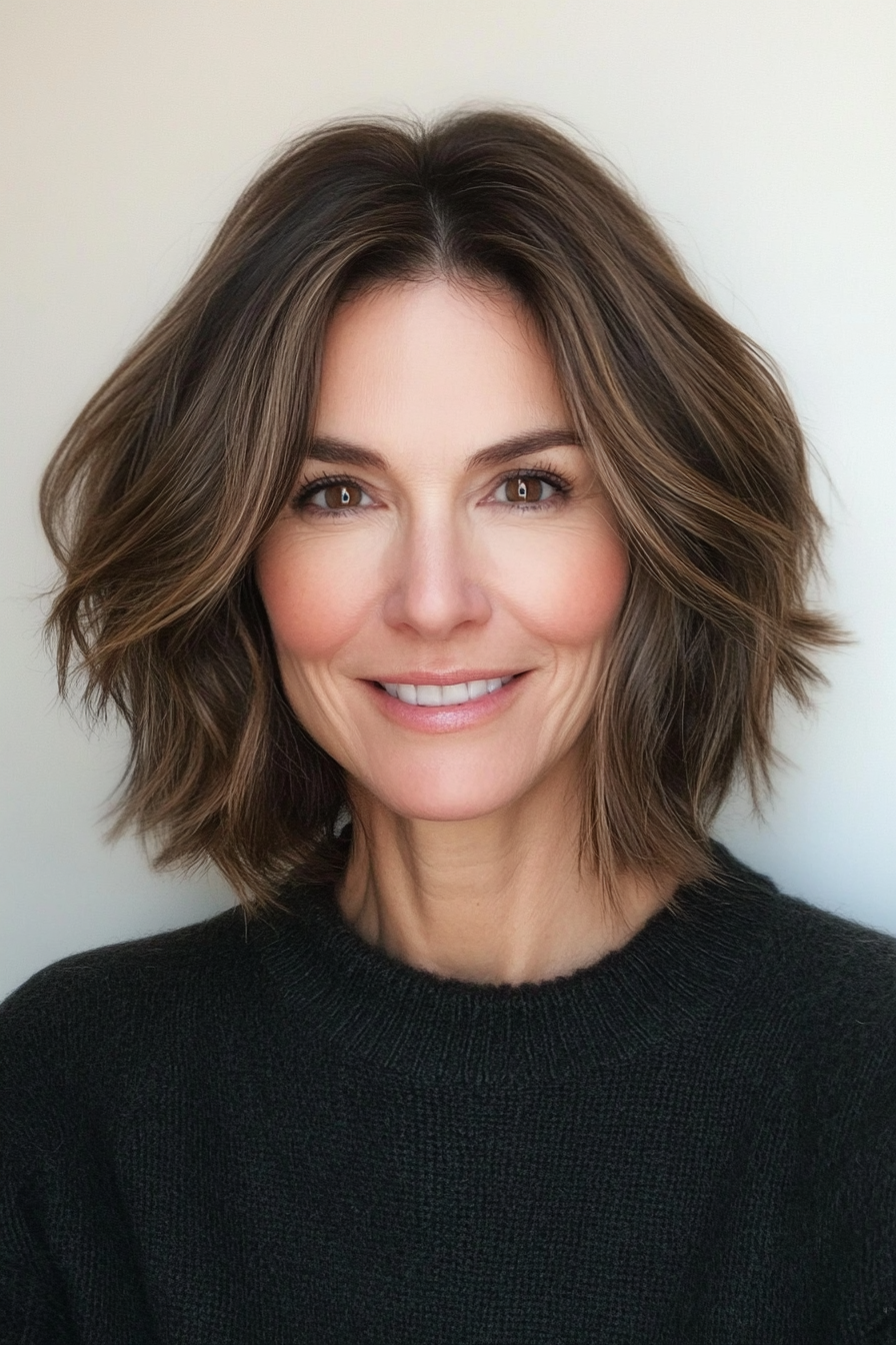 10. Rounded Bob with Dimensional Dark Brown Highlights (Hairstyles For Women Over 50 With Thick Hair) - Hairstyles For Women Over 50 With Thick Hair