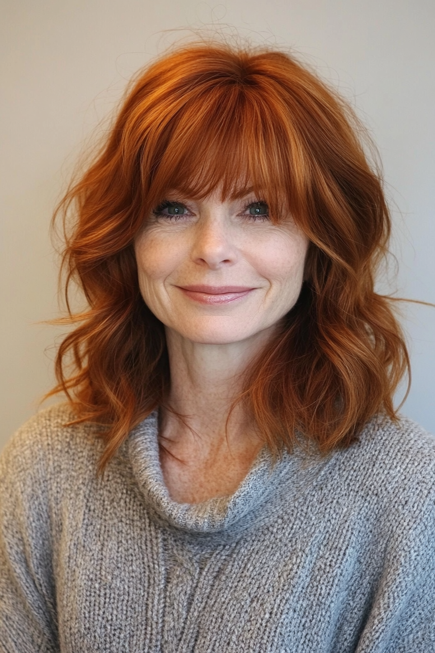 12. Wispy Bangs with a Soft Auburn Shoulder-Length Cut (Hairstyles For Women Over 50 With Thick Hair) - Hairstyles For Women Over 50 With Thick Hair