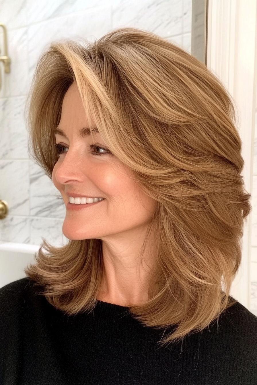 13. Face-Framing Layers with Medium Golden Brown Hue (Hairstyles For Women Over 50 With Thick Hair) - Hairstyles For Women Over 50 With Thick Hair