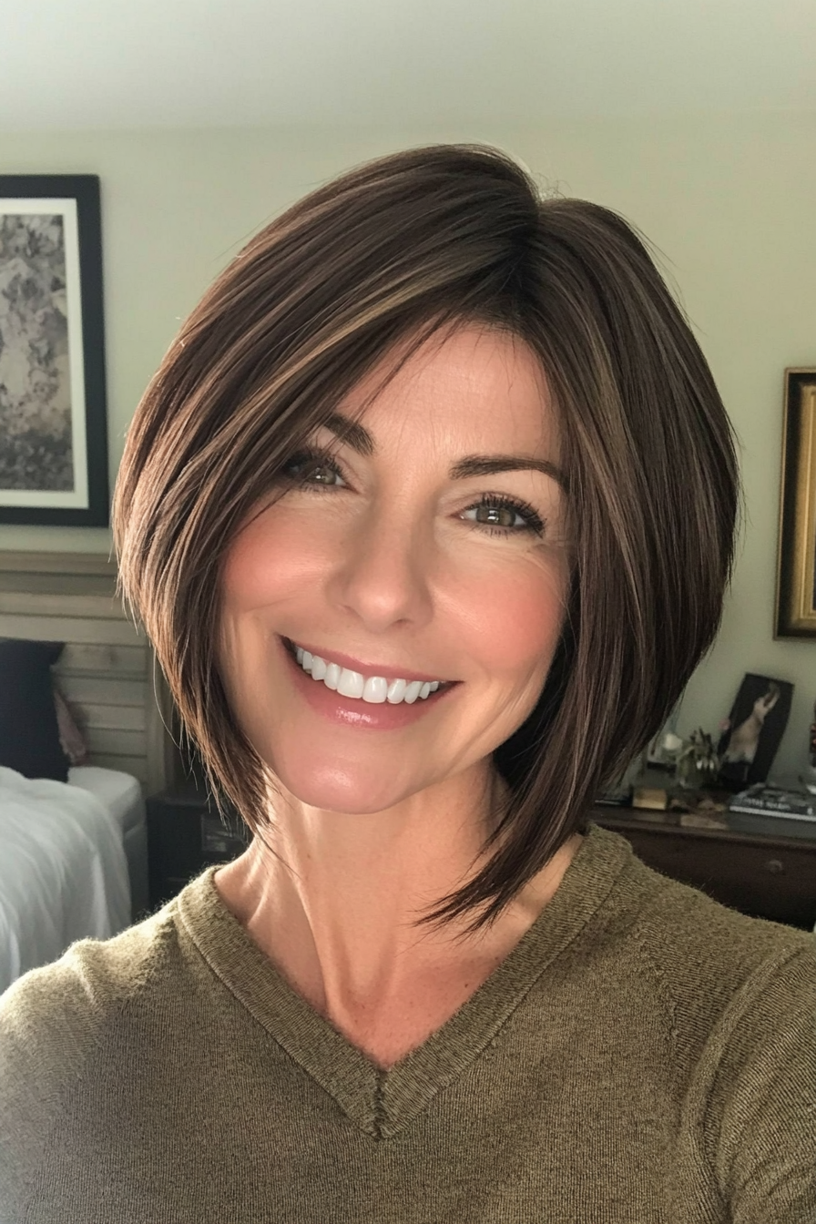 14. Elegant Side-Parted Bob with Dark Mocha Accents (Hairstyles For Women Over 50 With Thick Hair) - Hairstyles For Women Over 50 With Thick Hair