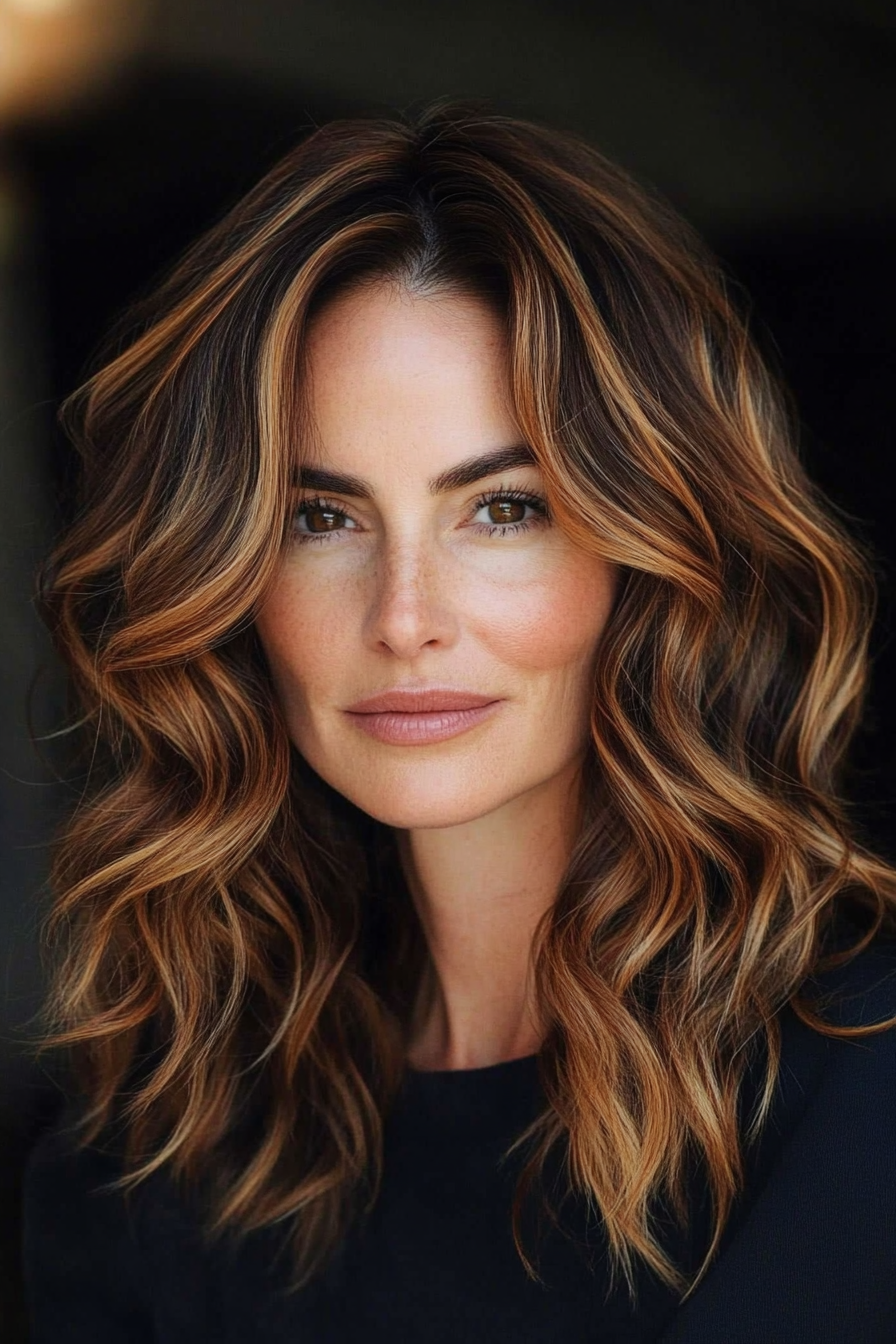 15. Wavy Mid-Length Style with Subtle Cinnamon Highlights (Hairstyles For Women Over 50 With Thick Hair) - Hairstyles For Women Over 50 With Thick Hair