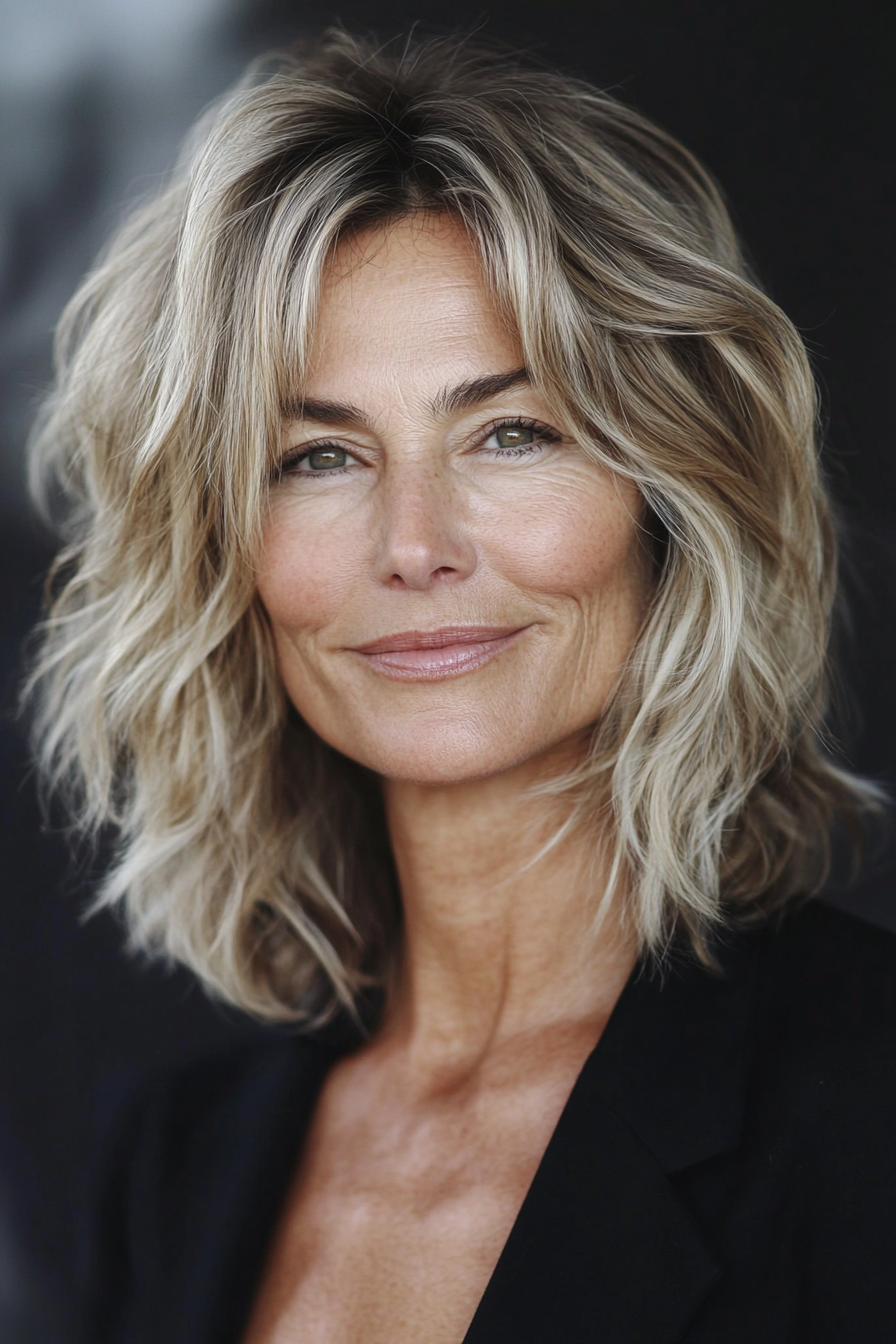 16. Tousled Shaggy Bob with Soft Beige Blonde Blend (Hairstyles For Women Over 50 With Thick Hair) - Hairstyles For Women Over 50 With Thick Hair