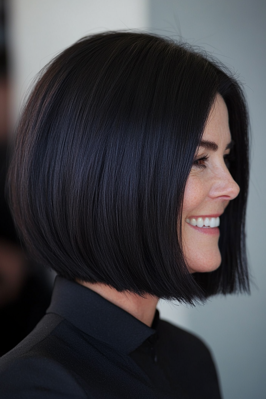 17. Sleek Jaw-Length Bob with Deep Jet Black Finish (Hairstyles For Women Over 50 With Thick Hair) - Hairstyles For Women Over 50 With Thick Hair