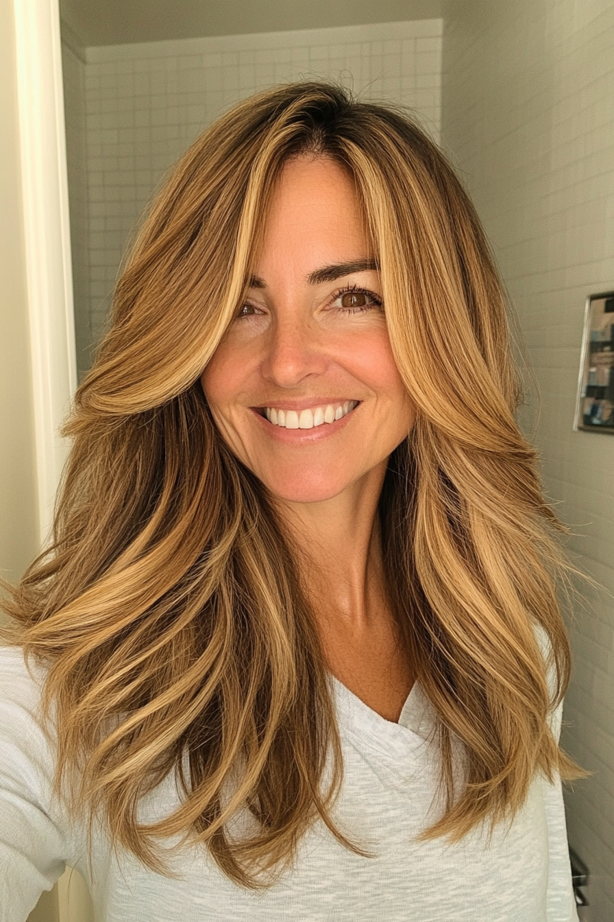 18. Long Side-Swept Layers with Caramel Honey Undertones (Hairstyles For Women Over 50 With Thick Hair) - Hairstyles For Women Over 50 With Thick Hair