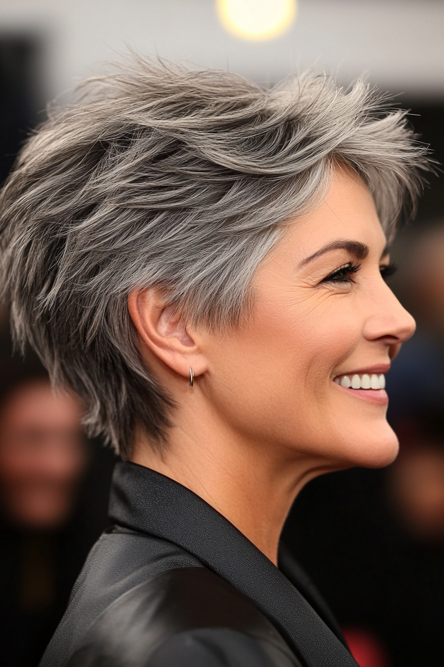 19. Short Layered Crop with Natural Salt and Pepper Dimension (Hairstyles For Women Over 50 With Thick Hair) - Hairstyles For Women Over 50 With Thick Hair