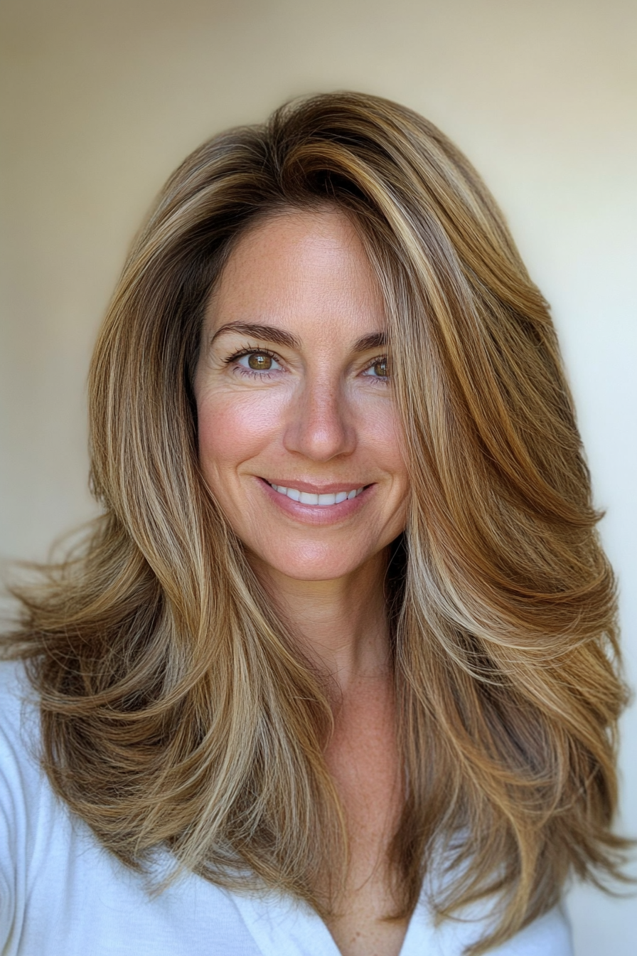 20. Shoulder-Grazing Layers with Golden Chestnut Balayage (Hairstyles For Women Over 50 With Thick Hair) - Hairstyles For Women Over 50 With Thick Hair