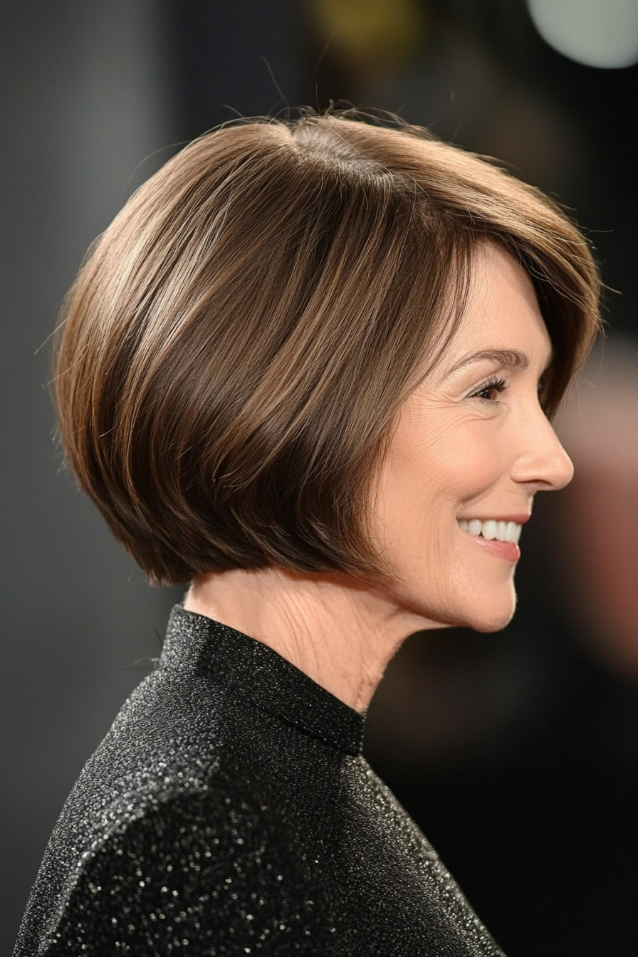 22. Classic French Bob with Deep Warm Brown Undertones (Hairstyles For Women Over 50 With Thick Hair) - Hairstyles For Women Over 50 With Thick Hair