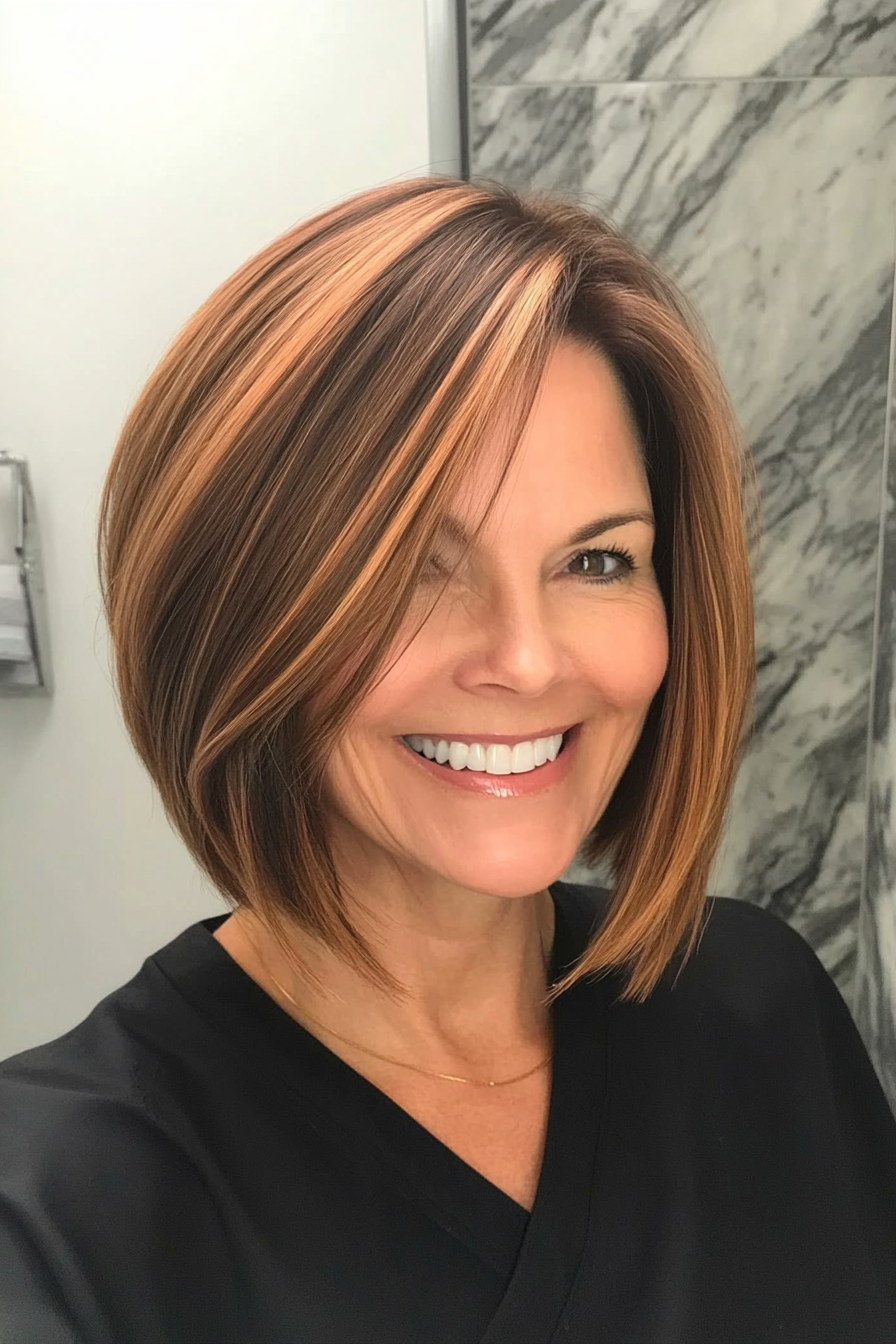 23. Angled Lob with Subtle Copper Highlights (Hairstyles For Women Over 50 With Thick Hair) - Hairstyles For Women Over 50 With Thick Hair