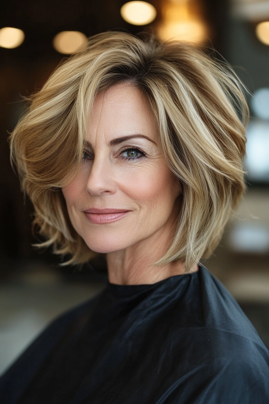 26. Layered Chin-Length Bob with Dark Honey Blonde Dimension (Hairstyles For Women Over 50 With Thick Hair) - Hairstyles For Women Over 50 With Thick Hair