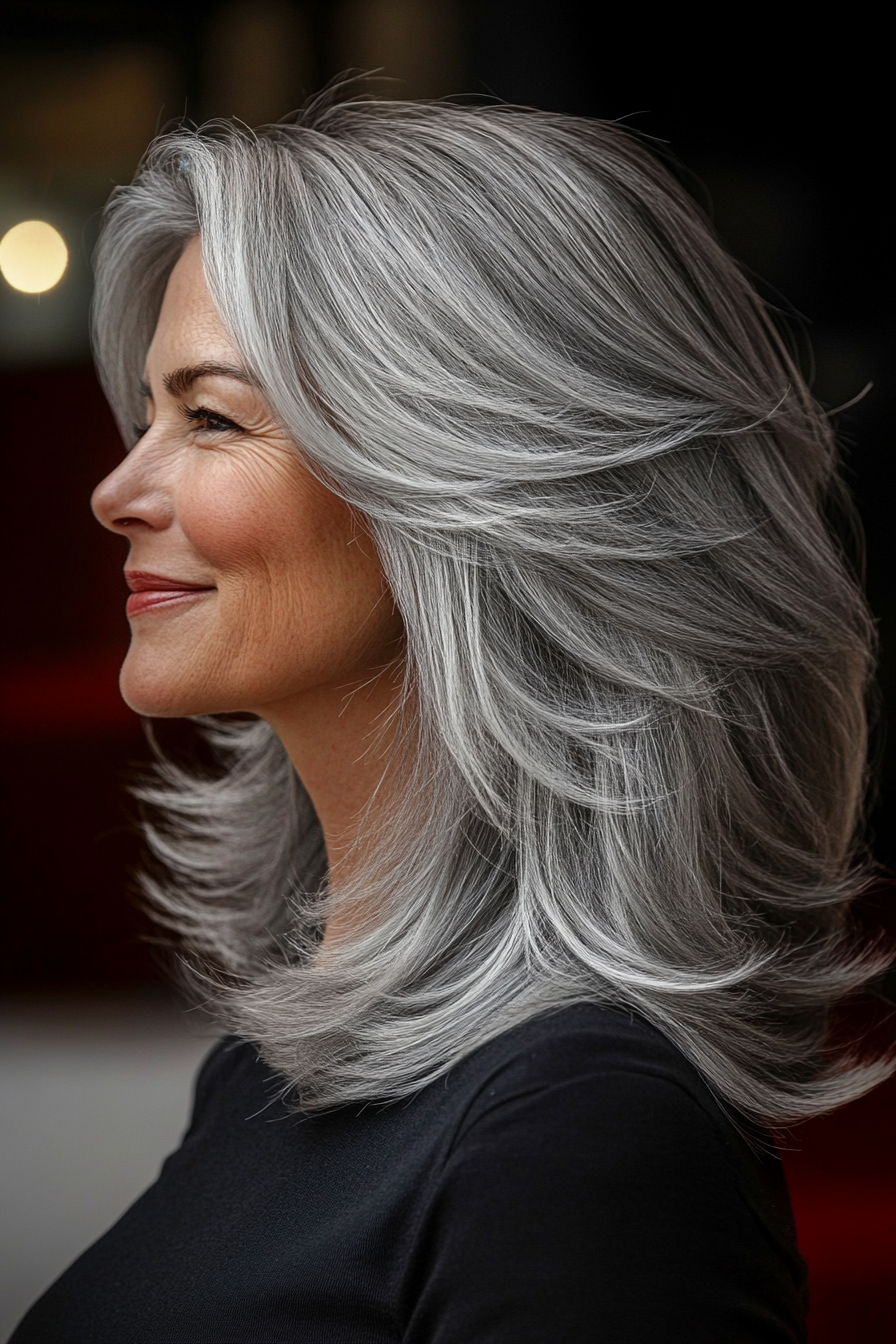 27. Mid-Length Feathered Layers with Soft Silver Blend (Hairstyles For Women Over 50 With Thick Hair) - Hairstyles For Women Over 50 With Thick Hair