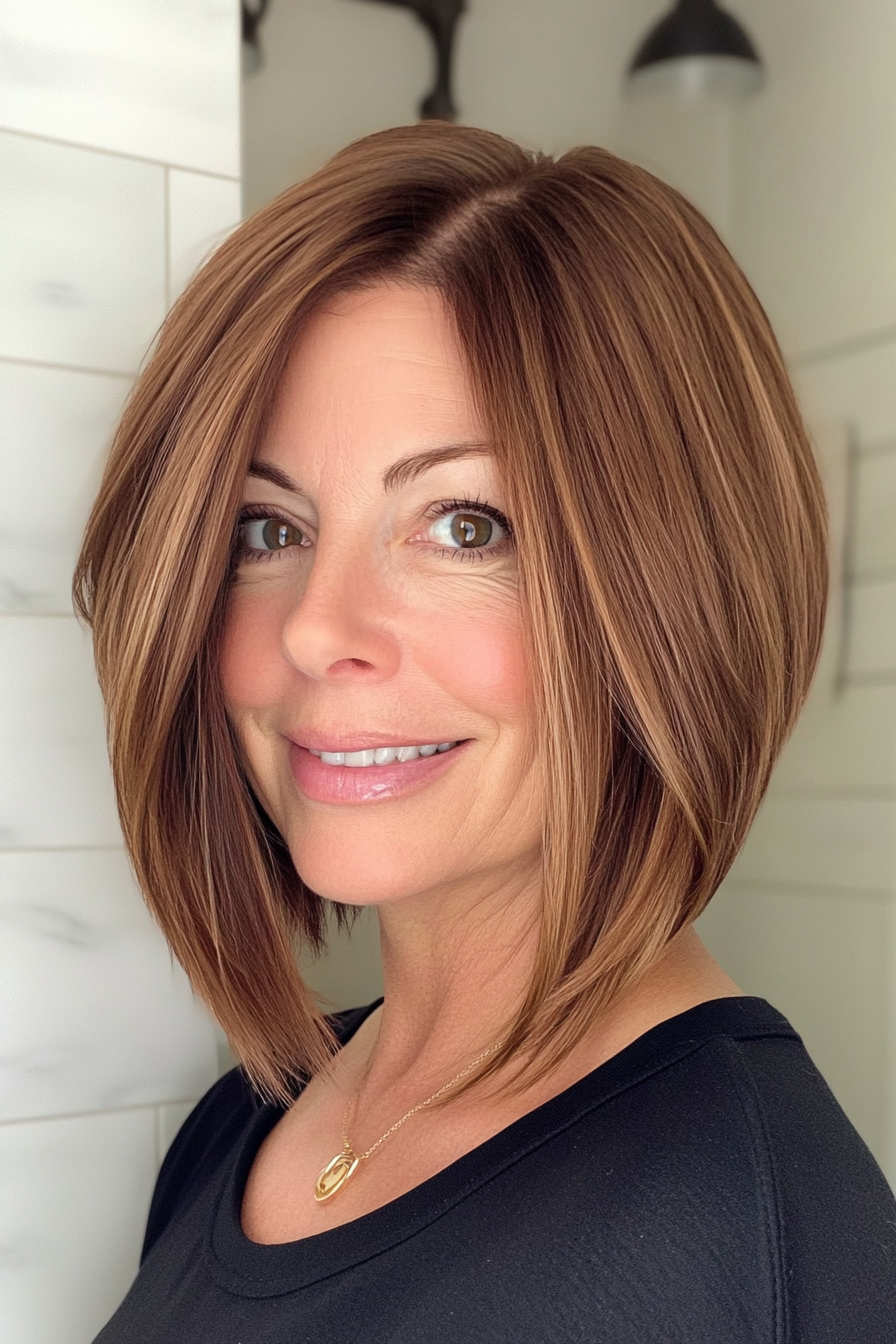 1. The Soft Layered Bob in Warm Chestnut (Medium Length Haircuts For Women Over 60) - Medium Length Haircuts For Women Over 60