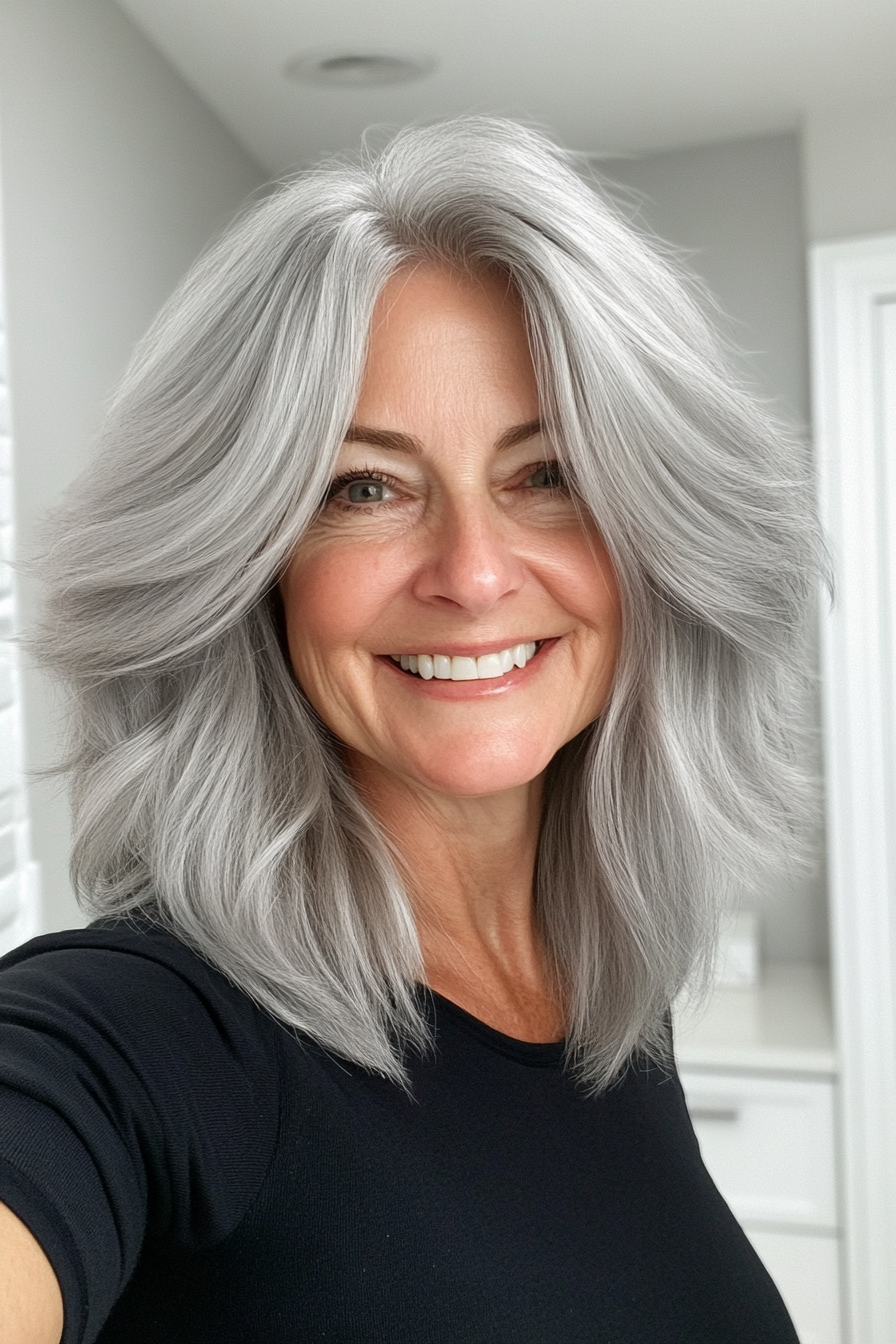 2. Feathered Shag in Silver Grey (Medium Length Haircuts For Women Over 60) - Medium Length Haircuts For Women Over 60