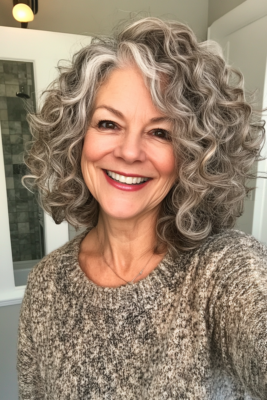 5. Curly Lob in Natural Salt and Pepper (Medium Length Haircuts For Women Over 60) - Medium Length Haircuts For Women Over 60
