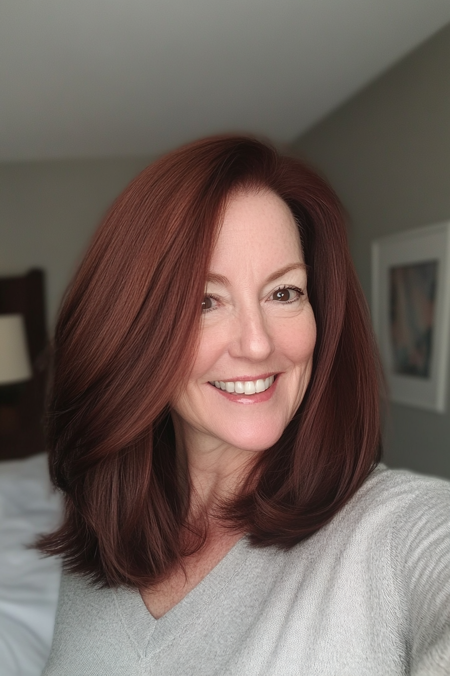 7. Classic Shoulder-Length Cut in Deep Mahogany (Medium Length Haircuts For Women Over 60) - Medium Length Haircuts For Women Over 60