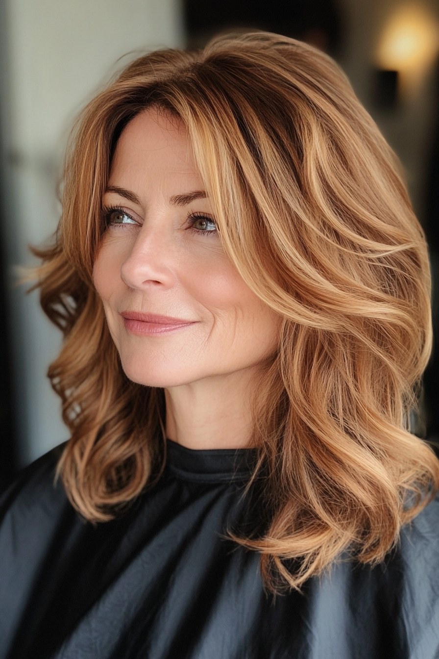 8. Wavy Midi Cut in Golden Brown (Medium Length Haircuts For Women Over 60) - Medium Length Haircuts For Women Over 60