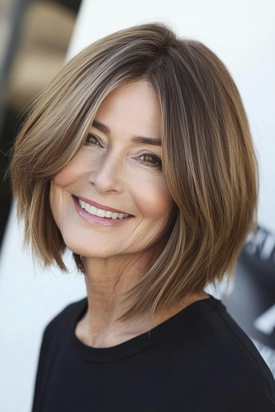 9. Angled Bob in Caramel Brown (Medium Length Haircuts For Women Over 60) - Medium Length Haircuts For Women Over 60